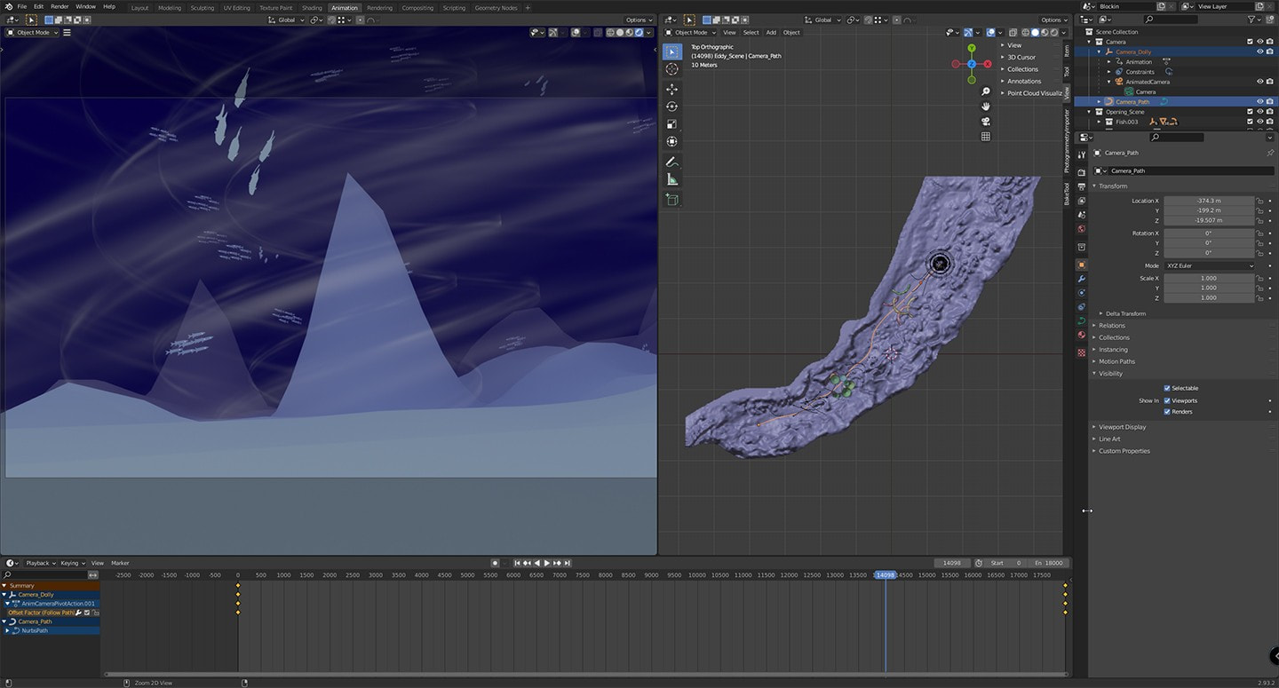 Screen capture of underwater scene in Blender