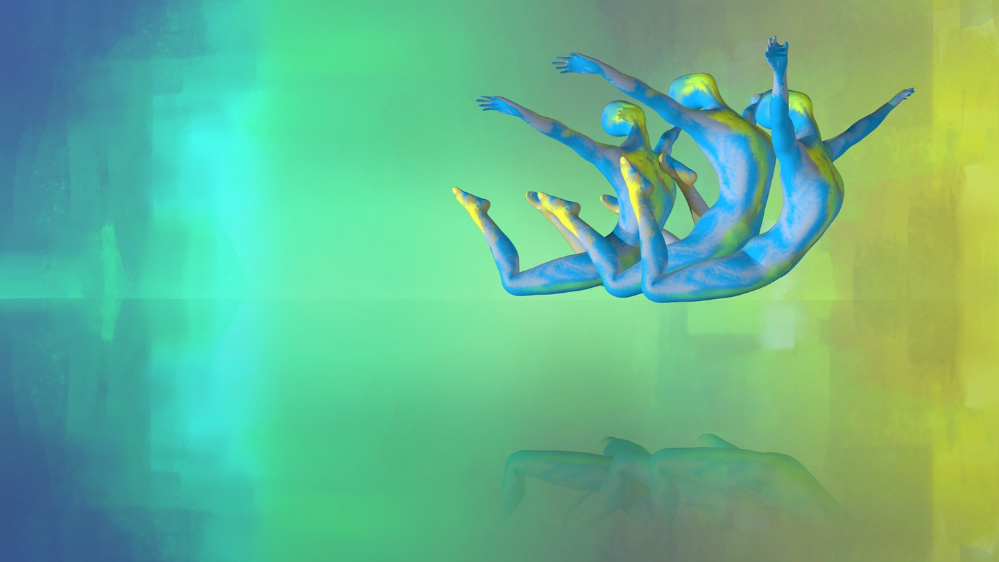 three dancers flying - screenshot from VR experience
